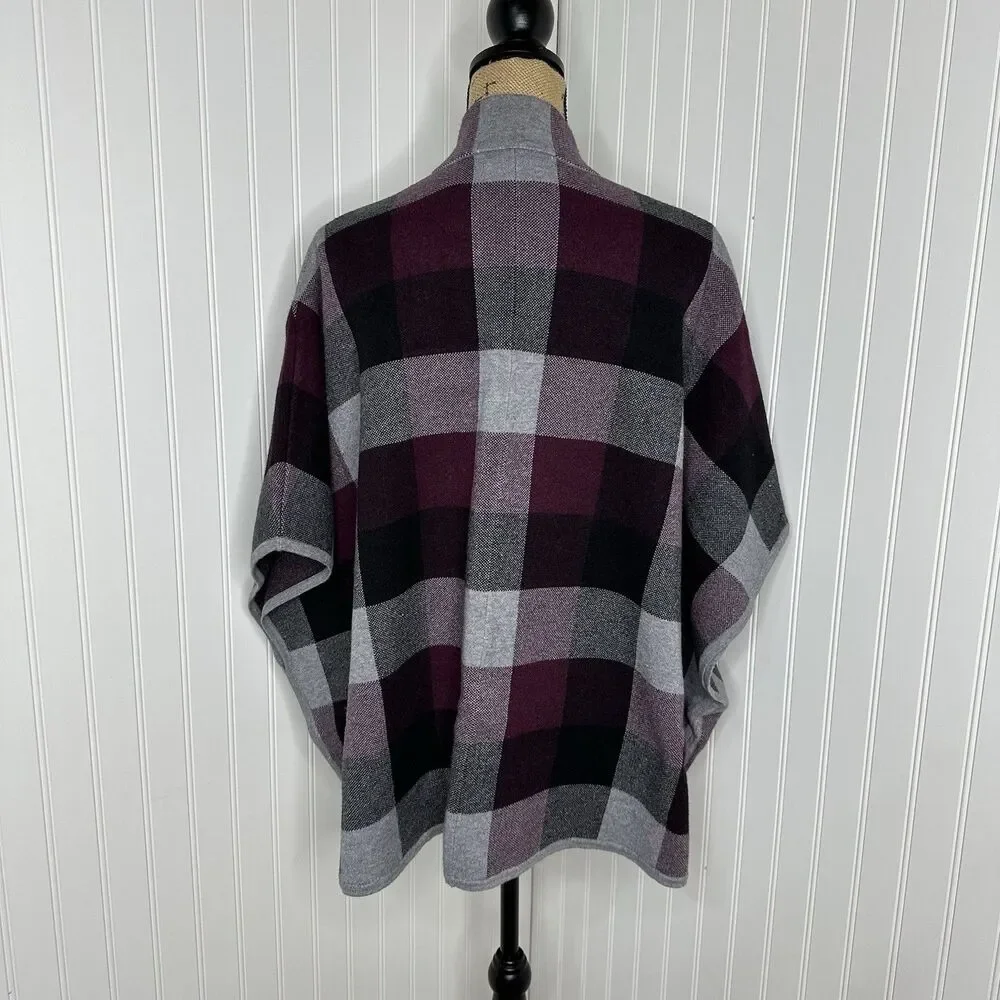 Tahari Plaid Zip Up Poncho Sweater Sz L XL Fall Stadium Game Layer Preppy Travel